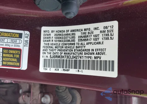2012 Honda Cr-V Ex-L from USA, damaged, VIN 5J6RM3H73CL042741